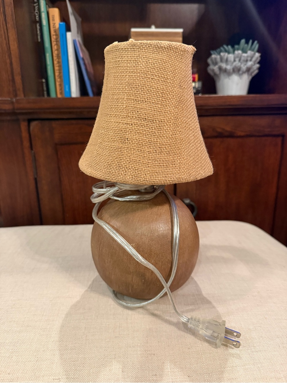 Wooden Globe Table Lamp with Burlap Shade - Tan